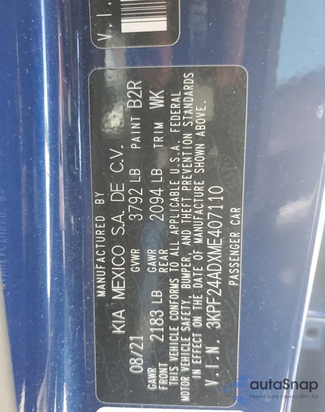 2021 Kia Forte Fe из США, поврежденный, VIN 3KPF24ADXME407110